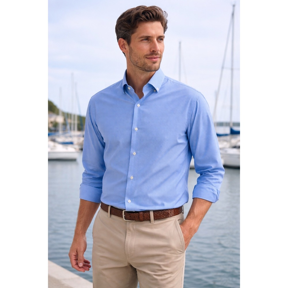 Nautica Mens Regular Fit Micro Gingham Button‎ Down Shirt Blue White 16-16.5 L